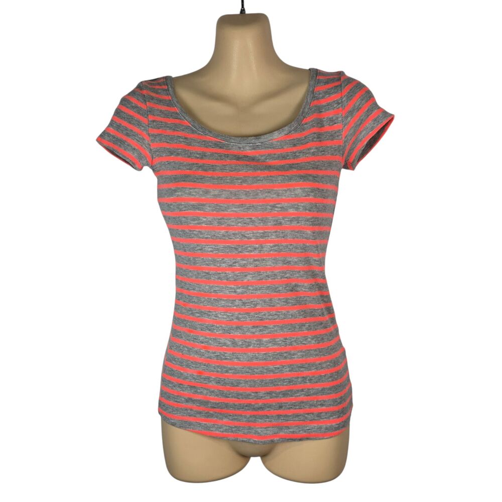 H&M L.O.G.G. Gray Neon Orange Striped Scoop Neck T-Shirt Size XS